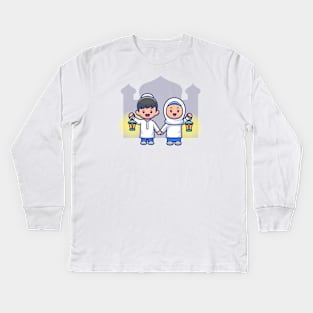 Cute moslem girl and boy holding lantern Kids Long Sleeve T-Shirt